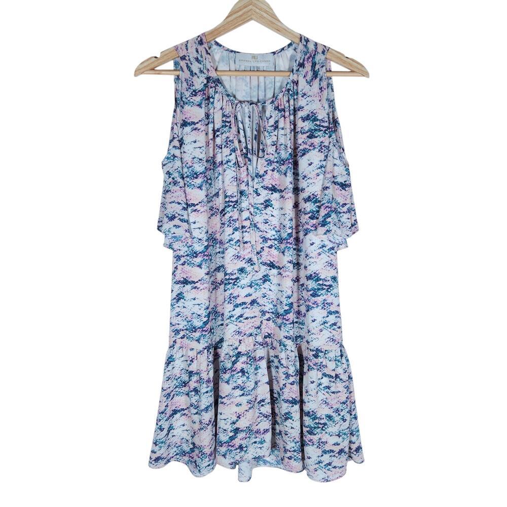 Amanda Uprichard Dress Small Silk Cold Shoulder Ruffle Hem Abstract Soft Chic